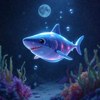 The primary subject of the image is a shark, which is floating in a dark, aquatic environment. The shark appears to be a digital art or illustration, as it is not a real-life photograph. The setting includes a moon in the background, adding to the overall atmosphere of the scene. The colors in the image are predominantly dark, with the shark being the main focus, creating a mysterious and intriguing visual style.